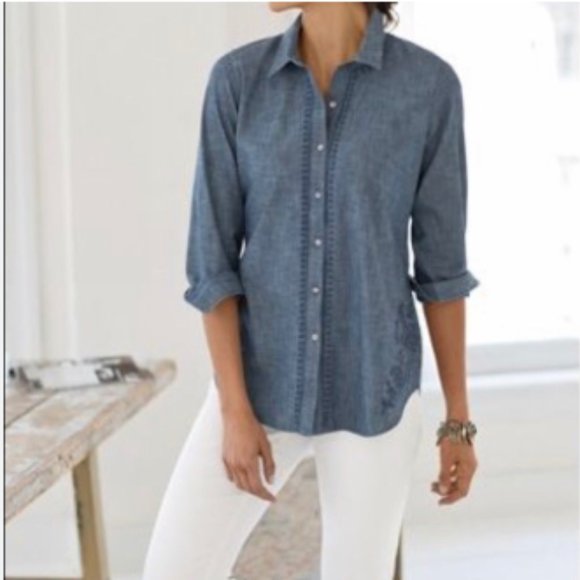 J. Jill Tops - J. Jill Embroidered Chambray Denim Blue Button Down Shirt L Large